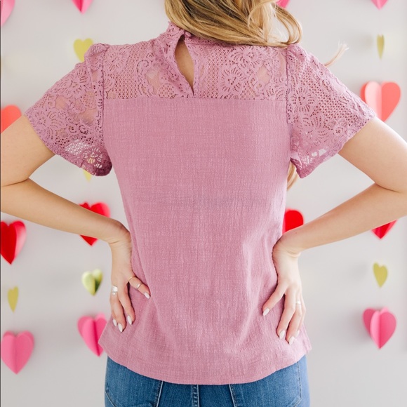 FINAL PRICE❗️Diamonds + Lace Mock Neck Pink Blouse - Picture 2 of 8